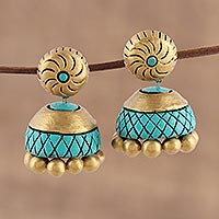 Ceramic dangle earrings, 'Royal Glimmer' - Ceramic Dangle Earrings in Gold and Turquoise from India