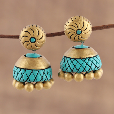 Ceramic dangle earrings, 'Royal Glimmer' - Ceramic Dangle Earrings in Gold and Turquoise from India