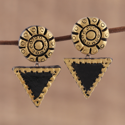 Ceramic dangle earrings, 'Mystic Beauty' - Gold-Tone and Black Ceramic Dangle Earrings from India