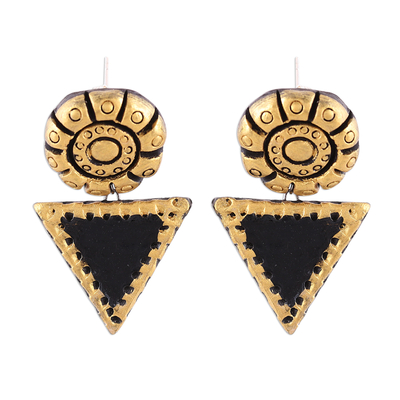Ceramic dangle earrings, 'Mystic Beauty' - Gold-Tone and Black Ceramic Dangle Earrings from India