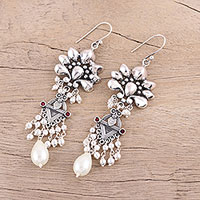 Cultured freshwater pearl chandelier earrings, 'Exquisite Jaipur' - Cultured Pearl and Sterling Silver Chandelier Earrings