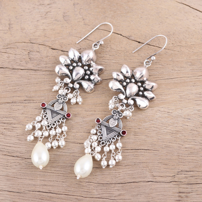 Cultured freshwater pearl chandelier earrings, 'Exquisite Jaipur' - Cultured Pearl and Sterling Silver Chandelier Earrings