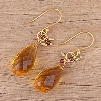 Gold plated multi-gemstone dangle earrings, 'Sunset Raindrops' - Handmade 22k Gold Plated Sterling Silver Gemstone Earrings