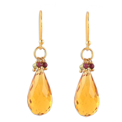 Gold plated multi-gemstone dangle earrings, 'Sunset Raindrops' - Handmade 22k Gold Plated Sterling Silver Gemstone Earrings