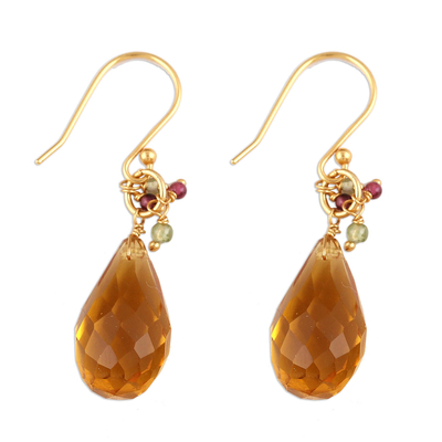 Gold plated multi-gemstone dangle earrings, 'Sunset Raindrops' - Handmade 22k Gold Plated Sterling Silver Gemstone Earrings