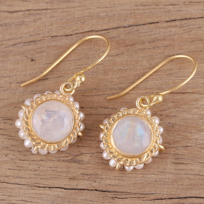 Gold plated rainbow moonstone and cultured pearl dangle earrings, 'White Harmony' - 22k Gold Plated Rainbow Moonstone Cultured Pearl Earrings