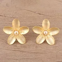 Gold plated cultured pearl button earrings, 'Blooming Plumeria' - Cultured Pearl 22k Gold Plated Sterling Silver Earrings