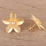 Gold plated cultured pearl button earrings, 'Golden Plume' - Cultured Pearl 22k Gold Plated Sterling Silver Earrings