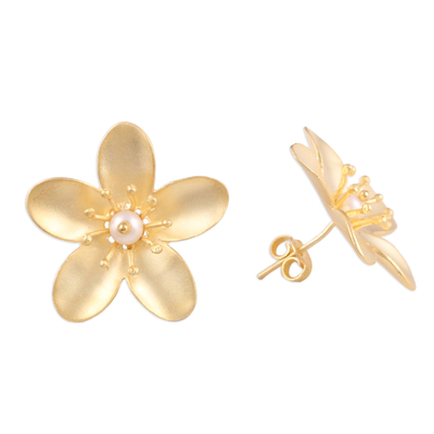 Gold plated cultured pearl button earrings, 'Blooming Plumeria' - Cultured Pearl 22k Gold Plated Sterling Silver Earrings