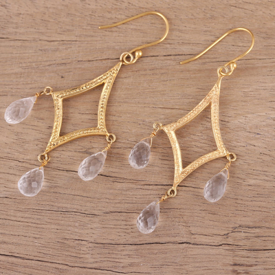 Gold plated quartz chandelier earrings, 'Cascading Drops' - Crystal Quartz 22k Gold Plated Sterling Silver Earrings