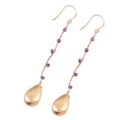 Gold plated amethyst dangle earrings, 'Falling Drops' - Handmade 22k Gold Plated Sterling Silver Amethyst Earrings