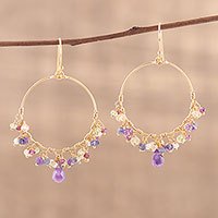 Gold plated multi-gemstone chandelier earrings, 'Vibrant Shimmer' - Handmade 22k Gold Plated Sterling Silver Gemstone Earrings
