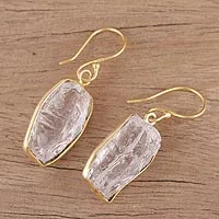 Gold plated quartz dangle earrings, 'Crystalline Delight' - Handmade 22k Gold Plated 925 Silver Crystal Quartz Earrings