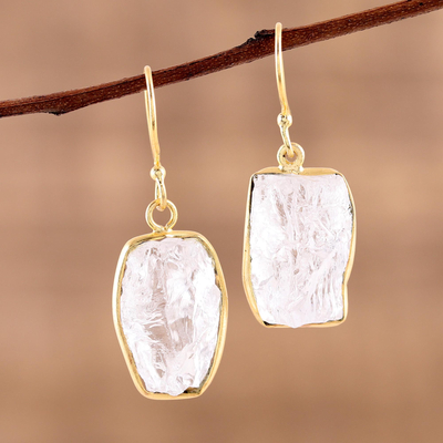 Gold plated quartz dangle earrings, 'Crystalline Delight' - Handmade 22k Gold Plated 925 Silver Crystal Quartz Earrings