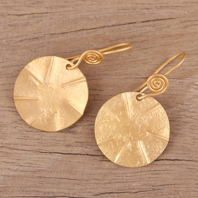 Gold plated sterling silver dangle earrings, 'Lustrous Discus' - Handmade 22k Gold Plated Sterling Silver Disc Shape Earrings
