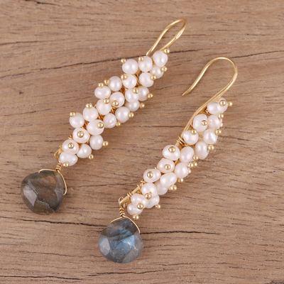 Gold plated labradorite and cultured pearl dangle earrings, 'Classic Cluster' - Handmade 22k Gold Plated Sterling Silver Gemstone Earrings