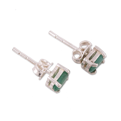 Emerald stud earrings, 'Ravishing Green' - Faceted Green Oval Emerald Sterling Silver Stud Earrings