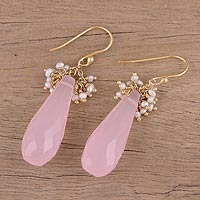 Gold plated rose quartz and cultured pearl dangle earrings, 'Devoted Rose' - Handmade 22k Gold Plated Rose Quartz Cultured Pearl Earrings
