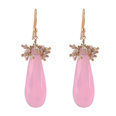 Handmade 22k Gold Plated Rose Quartz Cultured Pearl Earrings