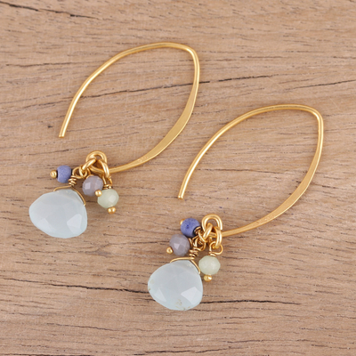 Gold plated chalcedony and lapis dangle earrings, 'Beautiful Grace' - Lapis and Chalcedony 22k Gold Plated 925 Silver Earrings