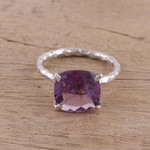 Rhodium plated amethyst single-stone ring, 'Fascinating Glamour' - Rhodium Plated Amethyst Single-Stone Ring from India