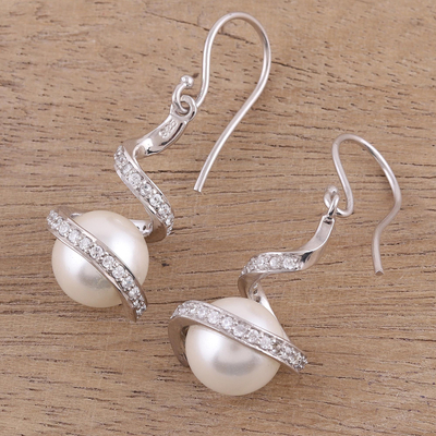 Rhodium plated cultured pearl dangle earrings, 'Gorgeous Swirls' - Swirling Rhodium Plated Cultured Pearl Earrings from India