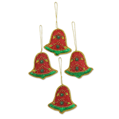 Beaded ornaments, 'Vibrant Bells' (set of 4) - Set of Four Red Green Sequin Beaded Holiday Bell Ornaments