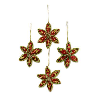 Beaded ornaments, 'Red Stars' (set of 4) - Set of Four Red Gold Beaded Holiday Stars Ornaments