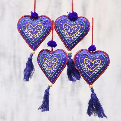Beaded ornaments, 'Blue Hearts' (set of 4) - Set of Four Blue Tassel Beaded Holiday Heart Ornaments