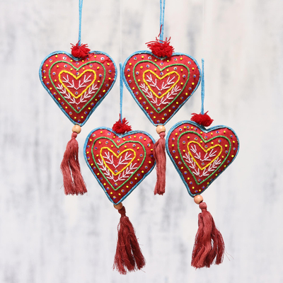 Beaded ornaments, 'Red Hearts' (set of 4) - Set of Four Red Tassel Beaded Holiday Heart Ornaments