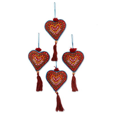 Beaded ornaments, 'Red Hearts' (set of 4) - Set of Four Red Tassel Beaded Holiday Heart Ornaments