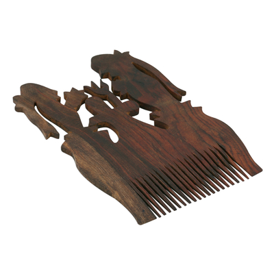 Wood decorative comb, 'Prayer Trio' - Shiva Theme Handmade Acacia Wood Decorative Comb