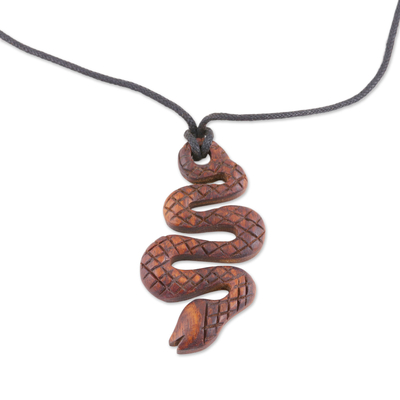 Ebony wood pendant necklace, 'Serpent's Twist' - Hand Carved Ebony Wood Snake Pendant Necklace