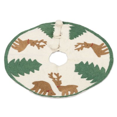 Wool felt tree skirt, 'Reindeer Charm' - Wool Felt Tree Skirt with Reindeer and Trees from India