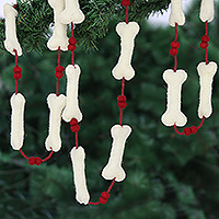 Wool felt and glass bead garland, 'Puppy's Christmas' - Handcrafted Dog Bone Christmas Tree Garland from India