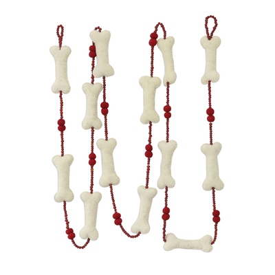 Wool felt and glass bead garland, 'Puppy's Christmas' - Handcrafted Dog Bone Christmas Tree Garland from India