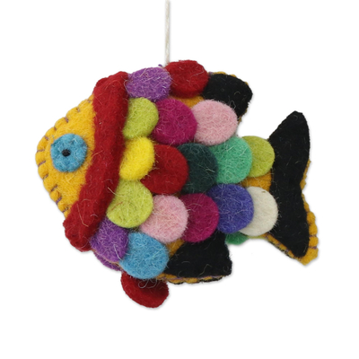 Wool felt ornaments, 'Rainbow Scales' (set of 4) - Set of Four Multicolored Wool Fish Ornaments from India