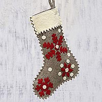 Wool felt stocking, 'Christmas Snowfall' - Handcrafted Snow Motif Wool Stocking from India