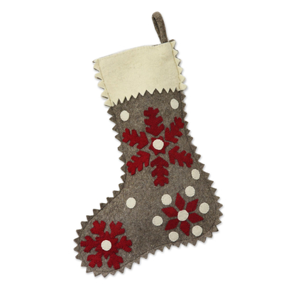Wool felt stocking, 'Christmas Snowfall' - Handcrafted Snow Motif Wool Stocking from India