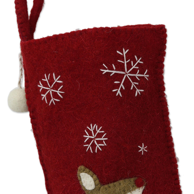 Wool felt stocking, 'Snowy Eve' - Handcrafted Reindeer-Themed Wool Stocking from India