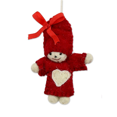 Wool felt ornaments, 'Festive Dolls' (set of 6) - Six Handcrafted Heart Motif Wool Doll Ornaments from India