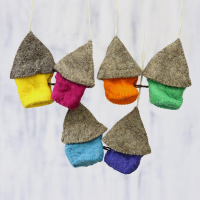 Wool felt ornaments, 'Snow Abodes' (set of 6) - Set of Six Assorted Wool House Ornaments from India