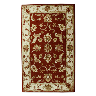 Maroon and Gold Floral Leaf Hand Tufted Wool Area Rug 5x8