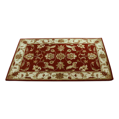 Wool area rug, 'Persian Floral Grandeur' (5x8) - Maroon and Gold Floral Leaf Hand Tufted Wool Area Rug 5x8