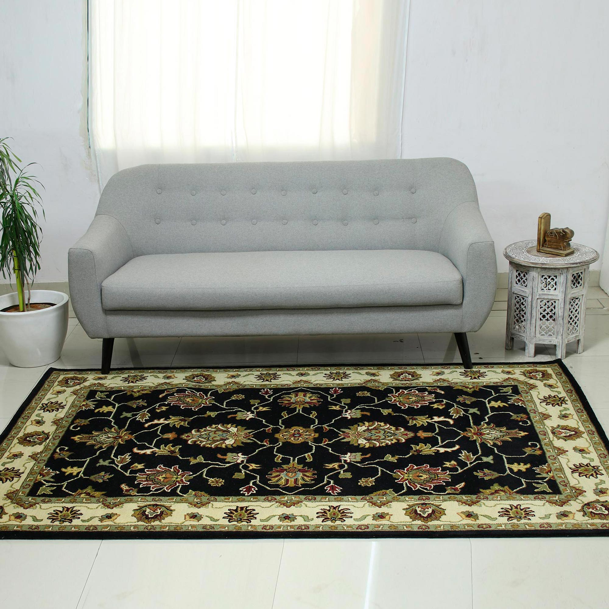 Black Ivory And Brown Floral Hand Tufted Wool Area Rug 5x8 Persian Floral Magnificence Novica