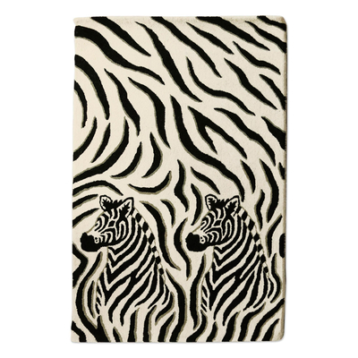 Hand-tufted wool area rug, 'Zebra Buddies' - Black and Ivory Two Zebras Hand Tufted Wool Area Rug