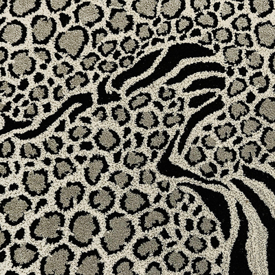 Alfombra de área de lana tejida a mano - Alfombra de área de lana anudada a mano en blanco y negro con cebra y leopardo