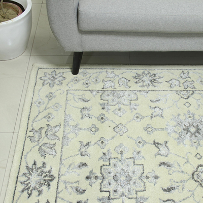 Wool blend area rug, 'Persian Brilliance' (5x8) - Beige Grey Hand Knotted Wool Viscose Rectangle Area Rug 5x8