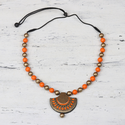 Ceramic pendant necklace, 'Ornate Fan' - Gold and Orange Ceramic Ornate Fan Beaded Pendant Necklace