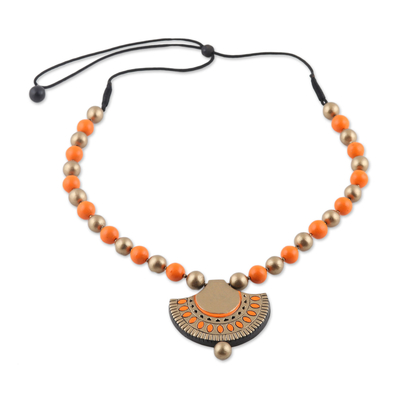 Ceramic pendant necklace, 'Ornate Fan' - Gold and Orange Ceramic Ornate Fan Beaded Pendant Necklace